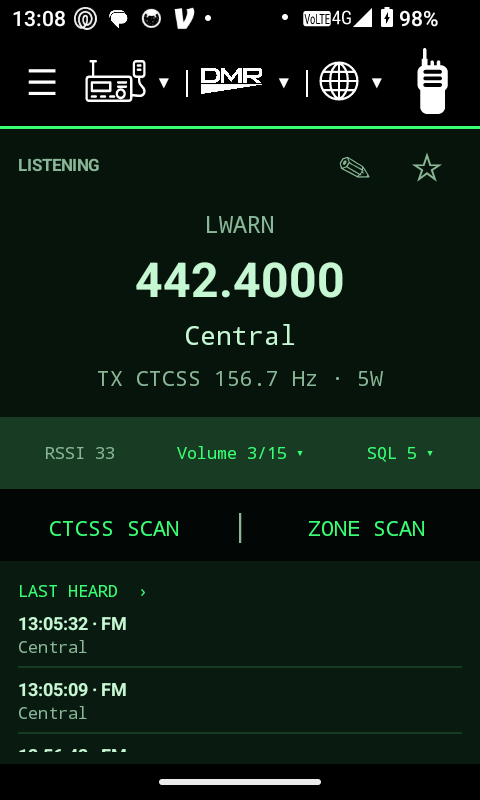 CJ1 Radio Command analog FM screen with frequency, squelch, scan controls and Last Heard