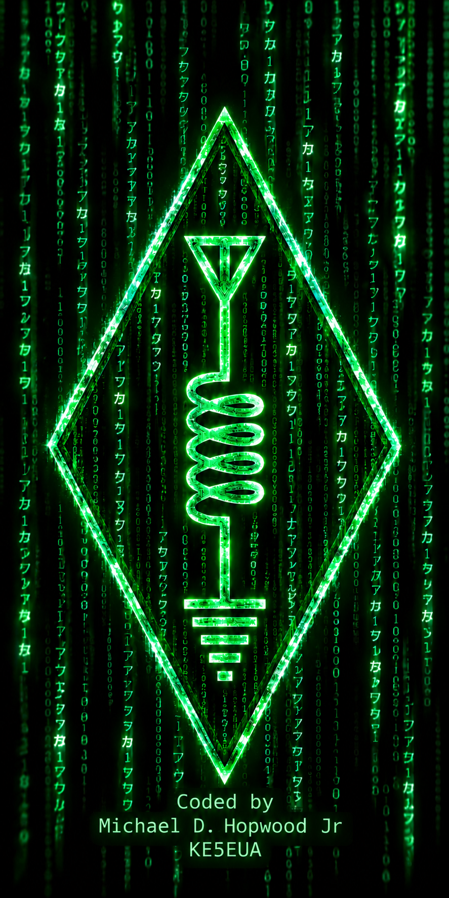 Matrix-inspired amateur radio symbol with credit to Michael D. Hopwood Jr KE5EUA