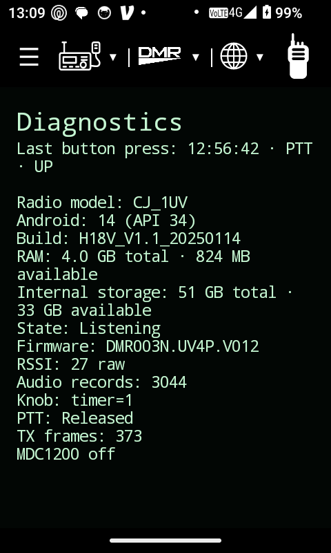 Diagnostics screen
