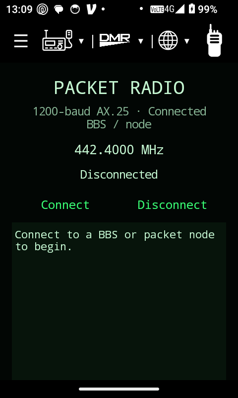 Packet Radio terminal screen